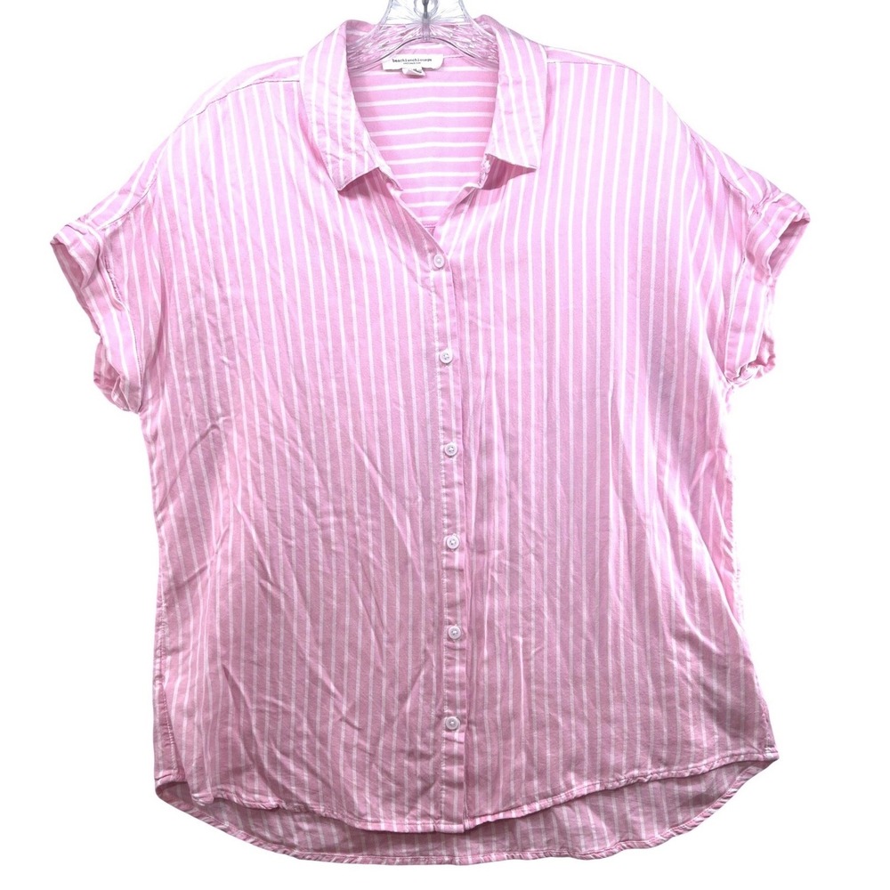 Beachlunchlounge Pink White Striped Button Down Short Sleeve Shirt Womens Large